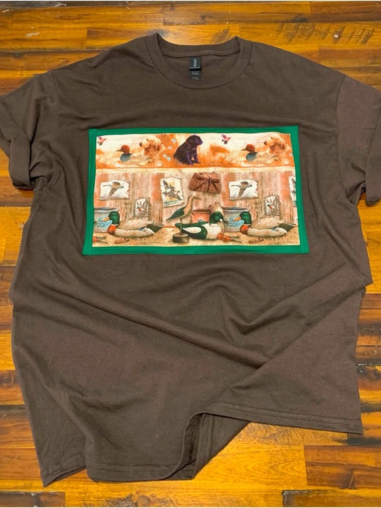 Handmade Tops - Brown Graphic Short Sleeve Tee with Vintage Dog and Duck Hunting Scene